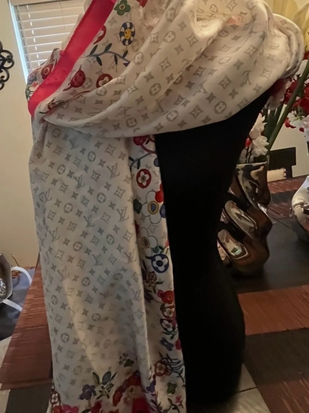 Luxury White Floral Border Silk Scarf